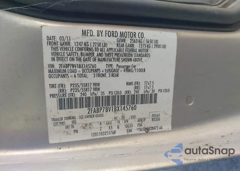 2011 Ford Crown Victoria Police z USA, uszkodzony, nr VIN 2FABP7BV1BX145760